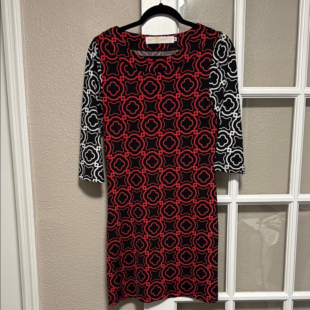 Tracy Negoshian Red and Black Sheath Dress with Cuffed 3/4 Sleeves